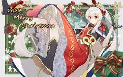 Rule 34 | 1girl, 2020, absurdres, animal ears, arknights, bell, blush, box, christmas, dated, dress, elbow gloves, fireplace, floating, full body, fur trim, garland (decoration), gift, gift box, gloves, hair ornament, highres, long hair, merry christmas, ponytail, qianshibu, red eyes, ribbon, smile, snowflakes, solo, tail, very long hair, weedy (arknights), weedy (candy cape) (arknights), white hair