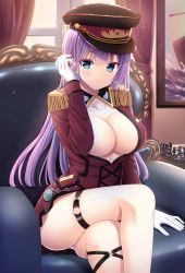 Rule 34 | blue eyes, breasts, breasts out, chair, cleavage, cleavage cutout, clothing cutout, hair between eyes, hand up, large breasts, looking at viewer, original, purple hair, shiwasu horio, smile