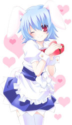 Rule 34 | 10s, 1girl, animal ears, bad id, bad pixiv id, blue hair, bow, bunny (trickster), heart, lowres, maid, moru, one eye closed, rabbit ears, rabbit tail, red eyes, solo, tail, thighhighs, trickster (ntreev soft), wink, zettai ryouiki