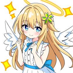 Rule 34 | 1girl, angel, blonde hair, blue eyes, blush, center frills, collared dress, commentary request, dress, feathered wings, frills, hair ornament, halo, highres, kotatsu-mazoku, long hair, looking at viewer, neck ribbon, original, ribbon, sleeveless, sleeveless dress, smile, solo, sparkle, wings