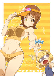 Rule 34 | 10s, 2girls, ^^^, bikini, breast envy, breasts, brown eyes, brown hair, candy, covered erect nipples, emoticon, food, hairband, happinesscharge precure!, kise yayoi, long hair, medium breasts, multiple girls, one-piece swimsuit, oomori yuuko, outside border, precure, school swimsuit, shaded face, short hair, sideboob, smile, smile precure!, swimsuit, tankini, visor cap, white hairband, yellow bikini, yellow eyes, yuuzii