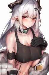 Rule 34 | 1girl, arknights, black collar, black gloves, black shirt, blush, breasts, cleavage, collar, collarbone, commentary request, covered erect nipples, demon horns, ear piercing, elite ii (arknights), gloves, hair ornament, hand on own chest, hand up, highres, horns, infection monitor (arknights), large breasts, long hair, looking at viewer, material growth, mudrock (arknights), mudrock (elite ii) (arknights), navel, oripathy lesion (arknights), piercing, pointy ears, red eyes, revision, shirt, simple background, snm (sunimi), solo, sweat, upper body, white background, white hair