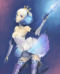 Rule 34 | 1girl, arched back, armor, armored dress, bare shoulders, blue background, boots, breasts, choker, cleavage, crown, detached sleeves, dress, face, feathers, gwendolyn (odin sphere), medium breasts, multicolored wings, odin sphere, polearm, purple eyes, short hair, solo, spear, strapless, strapless dress, thigh boots, thighhighs, toshi punk, weapon, white hair, wings