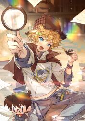 1boy :d absurdres aqua_eyes bishounen blonde_hair blurry blurry_background bookshelf brown_capelet capelet character_doll copyright_name day deerstalker depth_of_field earrings edogawa_conan ensemble_stars! falling_paper feathered_hair foreshortening harukawa_sora hat head_tilt highres holding holding_magnifying_glass holding_smoking_pipe hood hoodie indoors jewelry lens_flare looking_at_viewer magnifying_glass male_focus meitantei_conan on_floor open_mouth paper_stack print_hoodie short_hair smile smoking_pipe solo sparkle stud_earrings sweater_guard teeth white_hoodie zishengtian123