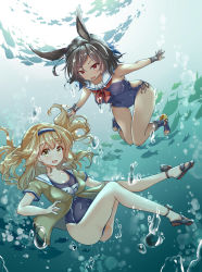 Rule 34 | 2girls, :d, :o, air bubble, animal, animal ears, azur lane, bare arms, bare shoulders, black footwear, black hair, blonde hair, blue hairband, blue one-piece swimsuit, blush, breasts, bubble, commentary, crossover, day, fish, floating hair, hair intakes, hairband, highres, historical name connection, i-26 (azur lane), i-26 (kancolle), kantai collection, long hair, looking at viewer, multiple girls, name connection, neckerchief, ocean, one-piece swimsuit, open mouth, outdoors, outstretched arms, red eyes, red neckerchief, sailor collar, scarlet dango, school of fish, school swimsuit, short hair, sidelocks, small breasts, smile, swimsuit, thighs, underwater, water, white sailor collar, yellow eyes
