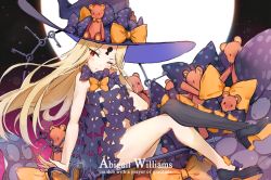 Rule 34 | 1girl, abigail williams (fate), abigail williams (second ascension) (fate), arm support, asymmetrical legwear, black footwear, black thighhighs, blonde hair, blush, bow, character name, commentary request, dre, english text, fate/grand order, fate (series), full moon, hat, hat bow, head tilt, key, keyhole, long hair, looking at viewer, moon, nude, one eye closed, orange bow, parted bangs, parted lips, polka dot, polka dot bow, purple bow, purple hat, red eyes, revealing clothes, shoes, single thighhigh, sitting, solo, stuffed animal, stuffed toy, teddy bear, thighhighs, uneven legwear, very long hair, witch hat