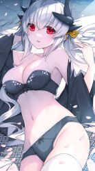 Rule 34 | 1girl, bare shoulders, black bra, black panties, blush, bra, breasts, cleavage, commentary request, dragon girl, dragon horns, fate/grand order, fate (series), highres, horns, kiyohime (fate), large breasts, long hair, long sleeves, looking at viewer, morizono shiki, navel, off shoulder, panties, parted lips, red eyes, smile, solo, stomach, underwear, white hair, wide sleeves