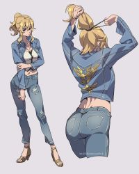 Rule 34 | 1girl, alternate costume, arms up, artist name, ass, back, blonde hair, blue eyes, blue jacket, blue pants, breasts, cleavage, closed mouth, collarbone, commentary, contemporary, contrapposto, denim, denim jacket, english commentary, from behind, full body, genshin impact, gold footwear, grey background, hair between eyes, hair tie, high-waist pants, high heels, highres, jacket, jean (genshin impact), jeans, long sleeves, looking at viewer, medium breasts, medium hair, midriff, mikkusushi, multiple views, name connection, navel, object namesake, open clothes, open jacket, pants, ponytail, sandals, shirt, sidelocks, simple background, smile, standing, tareme, torn clothes, torn jeans, torn pants, tying hair, white shirt