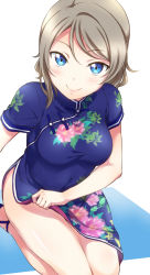 Rule 34 | 10s, 1girl, blue dress, blue eyes, china dress, chinese clothes, clothes lift, dress, dress lift, floral print, grey hair, legs, looking at viewer, love live!, love live! school idol festival, love live! sunshine!!, seiza, short hair, side slit, sitting, smile, solo, surfing orange, thighs, watanabe you