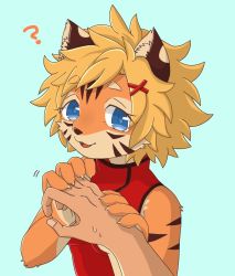 Rule 34 | 1boy, 1girl, artist request, blonde hair, blue eyes, borrowed character, fu-chan, furry, holding hands, open mouth, short hair, tiger