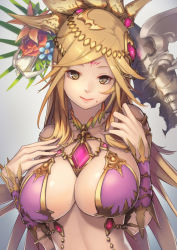 Rule 34 | 1girl, blonde hair, bracer, breasts, facial mark, female focus, flower, forehead mark, gradient background, hair flower, hair ornament, jewelry, kali (p&amp;d), lamchun (2006), large breasts, long hair, looking at viewer, mole, mole under mouth, nail polish, puzzle &amp; dragons, smile, solo, yellow eyes