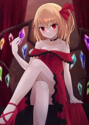 Rule 34 | 1girl, absurdres, alternate costume, blonde hair, breasts, choker, cleavage, closed mouth, crossed legs, crystal, curtains, dress, flandre scarlet, frilled dress, frills, hair ribbon, high heels, highres, indoors, looking at viewer, off-shoulder dress, off shoulder, one side up, ramie (ramie541), red dress, red eyes, red footwear, red ribbon, ribbon, short hair, sitting, small breasts, smile, solo, touhou, wings