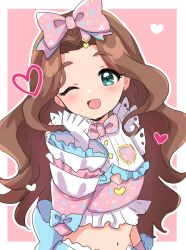 Rule 34 | 1girl, ;d, aqua eyes, blue bow, bow, brown hair, gloves, hair bow, heart, highres, idolmaster, idolmaster cinderella girls, kahiika, kusakabe wakaba, long hair, long sleeves, midriff, navel, one eye closed, open mouth, pink background, pink bow, simple background, smile, solo, upper body, white gloves