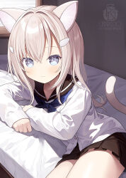 Rule 34 | 1girl, animal ears, artist name, bed, black sailor collar, black skirt, blue eyes, blue neckerchief, blush, capriccio, cardigan, cat ears, cat girl, cat tail, closed mouth, commentary request, day, hair between eyes, hair intakes, hair ornament, hairclip, indoors, light brown hair, long hair, long sleeves, looking at viewer, neckerchief, on bed, original, pleated skirt, puffy long sleeves, puffy sleeves, sailor collar, school uniform, serafuku, shirt, sitting on water, skirt, solo, sunlight, tail, white cardigan, white shirt, window, window blinds