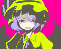 Rule 34 | 1girl, clenched teeth, evil smile, female focus, harano, hat, light purple hair, looking at viewer, mob cap, open mouth, pink background, red eyes, remilia scarlet, shaded face, short hair, simple background, smile, solo, teeth, touhou, upper body