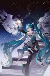 Rule 34 | 1girl, black thighhighs, comet, green hair, hatsune miku, highres, long hair, lunar (lunar 815), microphone, musical note, necktie, night, palette (object), scissors, sitting, stairs, thighhighs, twintails, very long hair, vocaloid