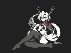 Rule 34 | 1boy, alternate costume, antlers, bad id, bad pixiv id, bikini, bikini under clothes, black bikini, breasts, covered erect nipples, crossed legs, dragon girl, dragon horns, dragon tail, duojiaomaotou-tougarashi, earrings, full body, greyscale, hair between eyes, highres, horns, jewelry, kicchou yachie, lace, lace-trimmed legwear, lace trim, looking at viewer, medium breasts, monochrome, open mouth, short hair, simple background, sitting, smile, solo, spot color, swimsuit, tail, thighhighs, touhou