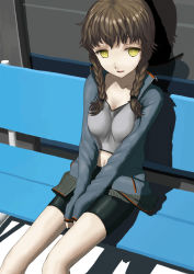 Rule 34 | 1girl, amane suzuha, bench, bike shorts, braid, breasts squeezed together, breasts, brown hair, highres, jacket, large breasts, midriff, mocha, navel, pale skin, ringed eyes, sitting, sleeves past wrists, solo, steins;gate, track jacket, twin braids, unzipped, yellow eyes