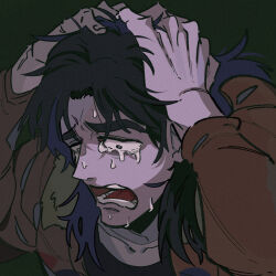 Rule 34 | 1boy, bags under eyes, black eyes, black hair, bomber jacket, brown jacket, commentary request, crying, crying with eyes open, green background, hands on own head, highres, inudori, itou kaiji, jacket, kaiji, long hair, looking down, male focus, medium bangs, open mouth, parted bangs, simple background, solo, tears, teeth, upper body
