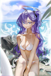 Rule 34 | 1girl, bare arms, bare legs, bare shoulders, barefoot, beach, bikini, blue archive, blush, breasts, cleavage, collarbone, day, halo, highres, long hair, mechanical halo, medium breasts, navel, ocean, outdoors, purple eyes, purple hair, renn 01, solo, swimsuit, tongue, tongue out, two side up, white bikini, yuuka (blue archive)