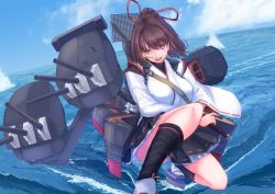 Rule 34 | 1girl, belt, black skirt, breasts, brown eyes, brown hair, cannon, chain, commentary, day, full body, hair ribbon, holding, holding sword, holding weapon, ise (kancolle), ise kai ni (kancolle), kantai collection, katana, large breasts, looking to the side, nontraditional miko, ocean, open mouth, panties, pantyshot, ponytail, ribbon, rigging, sandals, shiragiku1991, skirt, sky, solo, squatting, sword, undershirt, underskirt, underwear, weapon