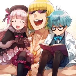 Rule 34 | 10s, 1girl, 2boys, ahoge, bad id, bad twitter id, blonde hair, blue eyes, blue hair, blunt bangs, bob cut, book, boots, bow, bowtie, chain, closed eyes, fate/extra, fate/extra ccc, fate/grand order, fate (series), frills, glasses, gold chain, hans christian andersen (fate), jewelry, knee boots, lab coat, looking at another, maguro (ma-glo), multiple boys, necklace, nursery rhyme (fate), open mouth, pink hair, sakata kintoki (fate), shawl, sitting, smile, sunglasses