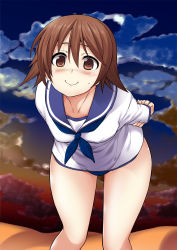 Rule 34 | 1girl, arms behind back, blush, breasts, brown eyes, brown hair, cloud, cloudy sky, collarbone, desert, gradient background, hair between eyes, highres, leaning, leaning forward, long sleeves, looking at viewer, miyafuji yoshika, necktie, school uniform, serafuku, short hair, sky, small breasts, smile, solo, strike witches, sweatdrop, tanabe (studio tiamat), uniform, v arms, world witches series