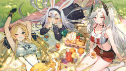 Rule 34 | 3girls, animal ears, arm behind head, arms up, artist request, azur lane, black choker, black jacket, black ribbon, black skirt, blonde hair, breasts, brown eyes, burger, chicken (food), chicken leg, chinese commentary, choker, cleavage, clothes writing, commentary request, crop top, cross-laced clothes, cup, dappled sunlight, day, drink, eating, feet out of frame, flower, food, fruit, grapes, grass, green eyes, grey hair, grin, hair ornament, hair ribbon, hand on own cheek, hand on own face, highres, hikimayu, holding, holding cup, holding drink, holding sandwich, hornet (azur lane), hornet (cheering justice!) (azur lane), jacket, kneehighs, large breasts, long hair, looking at viewer, lying, midriff, multicolored hair, multiple girls, navel, official alternate costume, official art, on back, on stomach, one eye closed, orange (fruit), outdoors, picnic, picnic basket, picnic blanket, pleated skirt, prinz eugen (azur lane), prinz eugen (brilliant touchdown) (azur lane), rabbit ears, rabbit girl, red shorts, ribbon, sandwich, second-party source, shimakaze (azur lane), shorts, sitting, skirt, sleeveless, smile, socks, strawberry, streaked hair, sunlight, suspender skirt, suspenders, twintails, two side up, very long hair, wariza, white flower, white hair, white socks, yellow eyes, yellow skirt