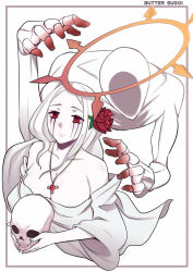 Rule 34 | 1girl, 1other, artist name, breasts, butter sugoi, cleavage, collarbone, faceless, flower, frown, hair flower, hair ornament, halo, holding, holding skull, jewelry, large breasts, necklace, off shoulder, original, pendant, red eyes, red flower, red rose, rose, runny makeup, skull, white hair