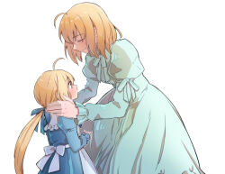 Rule 34 | 2girls, absurdres, ahoge, aqua dress, artoria pendragon (all), artoria pendragon (fate), baige 1028, blonde hair, blue bow, blue dress, bow, closed eyes, dress, fate/stay night, fate (series), green eyes, hair bow, hands on another&#039;s shoulders, highres, if they mated, long bangs, long hair, mother and daughter, multiple girls, saber (fate), simple background, very long hair, white background, white bow