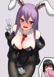 Rule 34 | 2girls, alternate costume, animal ears, between breasts, black hair, black jacket, black leotard, black pantyhose, blush, breasts, cleavage, commentary request, cowboy shot, crescent, crescent pin, detached collar, embarrassed, flying sweatdrops, frilled sleeves, frills, gloves, grey background, highres, houraisan kaguya, jacket, ke-su, large breasts, leotard, long hair, looking at viewer, multiple girls, necktie, necktie between breasts, nose blush, off shoulder, open mouth, pantyhose, pink shirt, playboy bunny, purple hair, rabbit ears, red eyes, red necktie, reisen udongein inaba, shirt, simple background, smile, solo focus, strapless, strapless leotard, tearing up, thumbs up, touhou, v, white gloves, wide sleeves