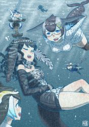 Rule 34 | 5girls, :d, air bubble, anchor hair ornament, artist logo, bad id, bad pixiv id, bare shoulders, black hair, black socks, blonde hair, blue eyes, blue hair, blue whale (kemono friends), bubble, cetacean tail, closed eyes, common dolphin (kemono friends), dress, fins, fish tail, freediving, glasses, hair between eyes, hair ornament, half-closed eyes, head fins, holding, holding weapon, humpback whale (kemono friends) (kishida shiki), kemono friends, kishida shiki, kneehighs, long hair, long sleeves, looking at another, multicolored hair, multiple girls, narwhal (kemono friends), ocean, off shoulder, open mouth, orca (kemono friends), original, outdoors, outstretched arms, semi-rimless eyewear, short hair with long locks, short sleeves, silhouette, smile, socks, spread arms, submerged, sweater, sweater dress, swimming, tail, teeth, under-rim eyewear, underwater, upper teeth only, upside-down, water, weapon, white hair, |d