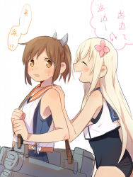 Rule 34 | 10s, 2girls, armpits, black one-piece swimsuit, blonde hair, blouse, blue one-piece swimsuit, brown eyes, brown hair, chinese text, closed eyes, cowboy shot, crop top, d.y.x., flower, hair flower, hair ornament, hairclip, i-401 (kancolle), kantai collection, long hair, machinery, multiple girls, one-piece swimsuit, one-piece tan, open mouth, orange sailor collar, ponytail, ro-500 (kancolle), sailor collar, shirt, simple background, sleeveless, sleeveless shirt, swimsuit, swimsuit under clothes, tan, tanline, traditional chinese text, translation request, white background, white shirt