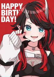 Rule 34 | 1girl, bikini, black bikini, black hair, blue eyes, blush, breasts, cleavage, commentary request, compression sleeve, demon girl, demon horns, fishnet top, fishnets, happy birthday, highres, horns, jacket, jewelry, kino haruc, large breasts, long hair, looking at viewer, multicolored hair, nail polish, nanashi inc., necklace, official alternate costume, open mouth, pointy ears, red background, red hair, red nails, ryugasaki rene, ryugasaki rene (2nd costume), shrug (clothing), simple background, single sleeve, sleeves past wrists, smile, solo, sugar lyric, swimsuit, two-tone hair, underboob, upper body, virtual youtuber, white jacket