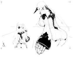 Rule 34 | 10s, 2girls, abyssal ship, ahoge, ass, bare shoulders, breasts, claws, collar, detached sleeves, dress, covered erect nipples, from behind, greyscale, height difference, horns, huge breasts, kantai collection, long hair, looking at another, mittens, mizusaki (tengoku), monochrome, multiple girls, northern ocean princess, ribbed dress, seaport princess, short dress, sideboob, single horn, spiked collar, spikes, very long hair