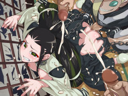 Rule 34 | 1girl, against wall, ass, ass grab, black hair, breasts, bukkake, censored, chain, clothes lift, cum, defeat, doggystyle, ejaculation, from behind, green eyes, grin, group sex, hetero, katanagatari, lolita channel, long hair, maniwa kuizame, masturbation, medium breasts, mosaic censoring, multiple penises, nipples, no panties, non-web source, penis, rape, restrained, sex, sex from behind, shirt lift, smile, torn clothes, tsuruga meisai, vaginal