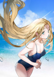 Rule 34 | 1girl, aqua eyes, blonde hair, blue one-piece swimsuit, breasts, cleavage, closed mouth, cloud, contrail, dated, day, floating hair, highres, kofune ushio, long hair, medium breasts, ocean, one-piece swimsuit, outdoors, signature, sky, solo, sparkle, summertime render, swimsuit, very long hair, water, water drop, wet, wumumu