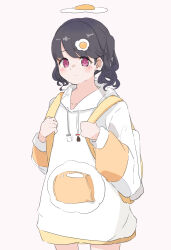 Rule 34 | 1girl, artist request, backpack, bag, black hair, commentary request, food-themed hair ornament, fried egg, fukumaru koito, hair ornament, hairclip, highres, hood, hoodie, idolmaster, idolmaster shiny colors, long hair, looking at viewer, medium hair, purple eyes, simple background, solo, swept bangs, twintails