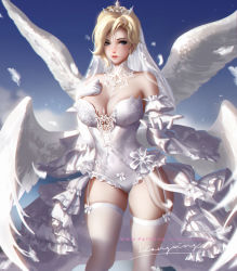 Rule 34 | 1girl, alternate wings, artist name, bare shoulders, blonde hair, blue background, blue eyes, blush, breasts, bridal veil, cleavage, closed mouth, collarbone, commentary, covered navel, detached sleeves, elbow gloves, english commentary, feathered wings, feathers, frills, garter straps, gloves, hand on own chest, highres, large breasts, leotard, liang xing, looking at viewer, mercy (overwatch), multiple wings, outstretched arm, overwatch, overwatch 1, red lips, short hair, signature, skindentation, smile, solo, standing, strapless, strapless leotard, thighhighs, tiara, veil, waist cape, watermark, web address, white gloves, white leotard, white thighhighs, white wings, wings