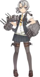 Rule 34 | 10s, 1girl, arm rest, asymmetrical hair, black pantyhose, collared shirt, full body, gloves, grey eyes, grey skirt, kantai collection, konishi (koconatu), lanyard, loafers, looking at viewer, machinery, neckerchief, necktie, nowaki (kancolle), official art, open clothes, open vest, pantyhose, pleated skirt, school uniform, shirt, shoes, short hair, silver hair, skirt, solo, thigh strap, tie clip, transparent background, turret, untucked shirt, vest, white gloves, yellow necktie