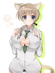 Rule 34 | 1girl, ahoge, animal ears, between breasts, blue eyes, braid, breasts, cleavage, covered erect nipples, hair over shoulder, highres, huge breasts, large breasts, looking at viewer, lynette bishop, necktie, oi ke, single braid, smile, solo, strike witches, tail, world witches series