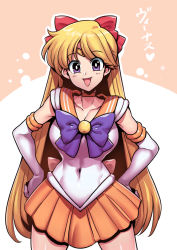 Rule 34 | 1girl, :d, aino minako, bishoujo senshi sailor moon, blonde hair, bow, breasts, choker, covered navel, cowboy shot, elbow gloves, facing viewer, gloves, hair bow, hands on own hips, highres, large breasts, long hair, magical girl, open mouth, orange sailor collar, orange skirt, purple bow, purple eyes, red bow, sailor collar, sailor senshi uniform, sailor venus, simple background, skirt, smile, solo, tiara, tukiwani, white gloves