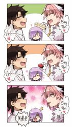 Rule 34 | 1girl, 2boys, astolfo (fate), chocolate, comic, english text, fate/grand order, fate (series), fujimaru ritsuka (male), gauntlets, glasses, hair between eyes, hair over one eye, highres, maroonabyss, mash kyrielight, multiple boys