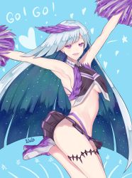Rule 34 | arm up, armpits, artist name, asymmetrical bangs, blackwatchar, breasts, brynhildr (cheer for master) (fate), brynhildr (fate), bustier, cheering, cheerleader, clothes lift, english text, fate/grand order, fate (series), halterneck, heart, highleg, highleg panties, highres, hip focus, jumping, large breasts, long hair, looking at viewer, microskirt, no bra, open mouth, outstretched arms, panties, pleated skirt, pom pom (cheerleading), purple eyes, sideboob, silver hair, skirt, skirt lift, smile, solo, spread arms, star (symbol), thigh strap, underboob, underwear, very long hair, visor cap