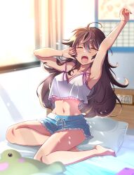 Rule 34 | 1girl, absurdres, ahoge, alarm clock, arm up, barefoot, black hair, blue hair, blue shorts, breasts, brown eyes, calendar (object), cleavage, clock, collarbone, crop top, curtains, eyelashes, hair between eyes, highres, indie virtual youtuber, long hair, medium breasts, midriff, multicolored hair, navel, neon harper, nyako (lhq3p), one eye closed, open mouth, pillow, pink hair, second-party source, shorts, solo, streaked hair, stretching, tan, teeth, upper teeth only, virtual youtuber, waking up, window, yawning