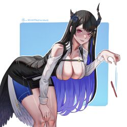 Rule 34 | 1girl, asymmetrical horns, bare shoulders, biting own lip, black hair, black skirt, blue hair, breasts, collared shirt, colored inner hair, demon girl, demon horns, dropping, hair ornament, hand on own knee, highres, holoadvent, hololive, hololive english, horns, large breasts, long hair, looking at viewer, miniskirt, mole, mole under eye, multicolored hair, nerissa ravencroft, red eyes, seventeencrows, shirt, simple background, skirt, smile, solo, two-tone background, uneven horns, very long hair, virtual youtuber, white shirt