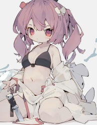 1girl absurdres black_bra blush bow bra breasts cleavage hair_between_eyes hair_bow highres knife long_hair looking_at_viewer multicolored_eyes navel nep_(nep_76) original pink_eyes pink_hair purple_eyes ribbon_hair seiza simple_background sitting solo underwear white_background