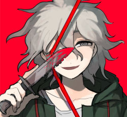 Rule 34 | 1boy, blood, commentary request, covering one eye, cutting, danganronpa (series), danganronpa 2: goodbye despair, evil smile, green jacket, hair between eyes, highres, holding, holding knife, hood, hooded jacket, jacket, knife, komaeda nagito, male focus, open clothes, open jacket, portrait, red background, rope, shindyushiyou, shirt, short hair, simple background, smile, solo, @ @, white hair, white shirt