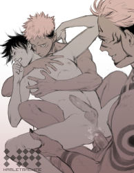 Rule 34 | 3boys, anal, arm tattoo, black hair, black nails, closed eyes, completely nude, cum, cum in ass, erection, facial mark, facial tattoo, fingernails, fushiguro megumi, group sex, hamletmachine, highres, hug, itadori yuuji, jujutsu kaisen, leg grab, looking at another, male penetrated, missionary, mmm threesome, multiple boys, muscular, muscular male, nail polish, nipples, nude, pectorals, penis, pink hair, ryoumen sukuna (jujutsu kaisen), sex, sharp fingernails, short hair, size difference, smile, spiked hair, spread legs, sweat, tattoo, testicles, threesome, undercut, wince, yaoi