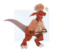 Rule 34 | bread, closed eyes, digimon, digimon (creature), food, guilmon, happy, hat, highres, solo, tail
